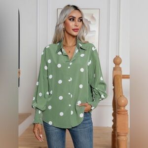 Polka Dot Collared Neck Buttoned Lantern Sleeve Shirt